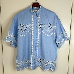 Zimmermann Light Blue Embroidered Eyelet Button-Up Blouse